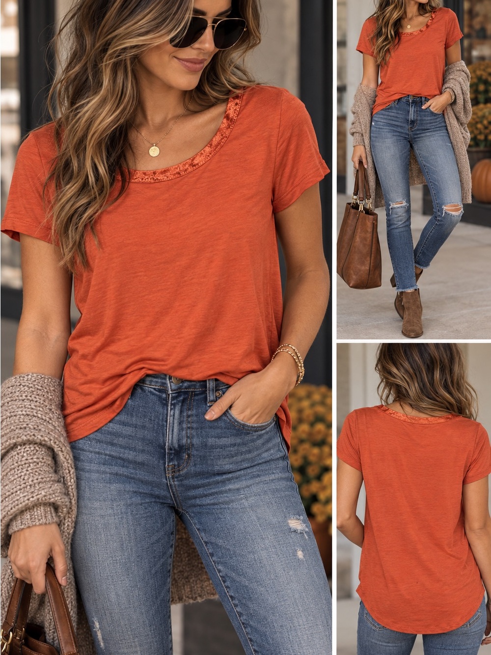 Joan Vass Women’s Short Sleeve Scoop Neck Top - Orange